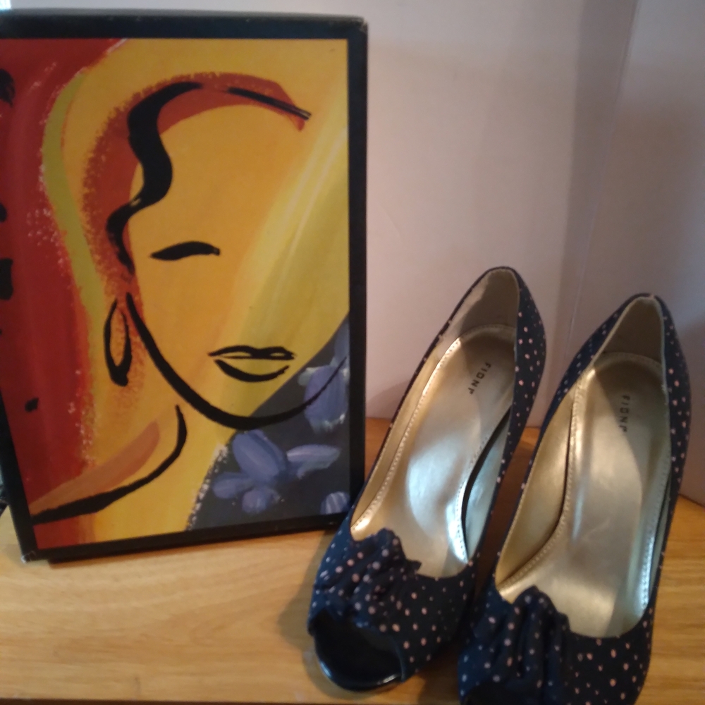 Fioni Navy Blue With Pink Polka Dots With Peep Toe Heels